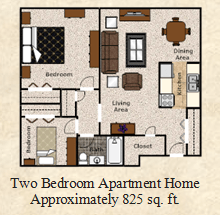 Floor plan for 2 beds, 1 bath, 825 sqft